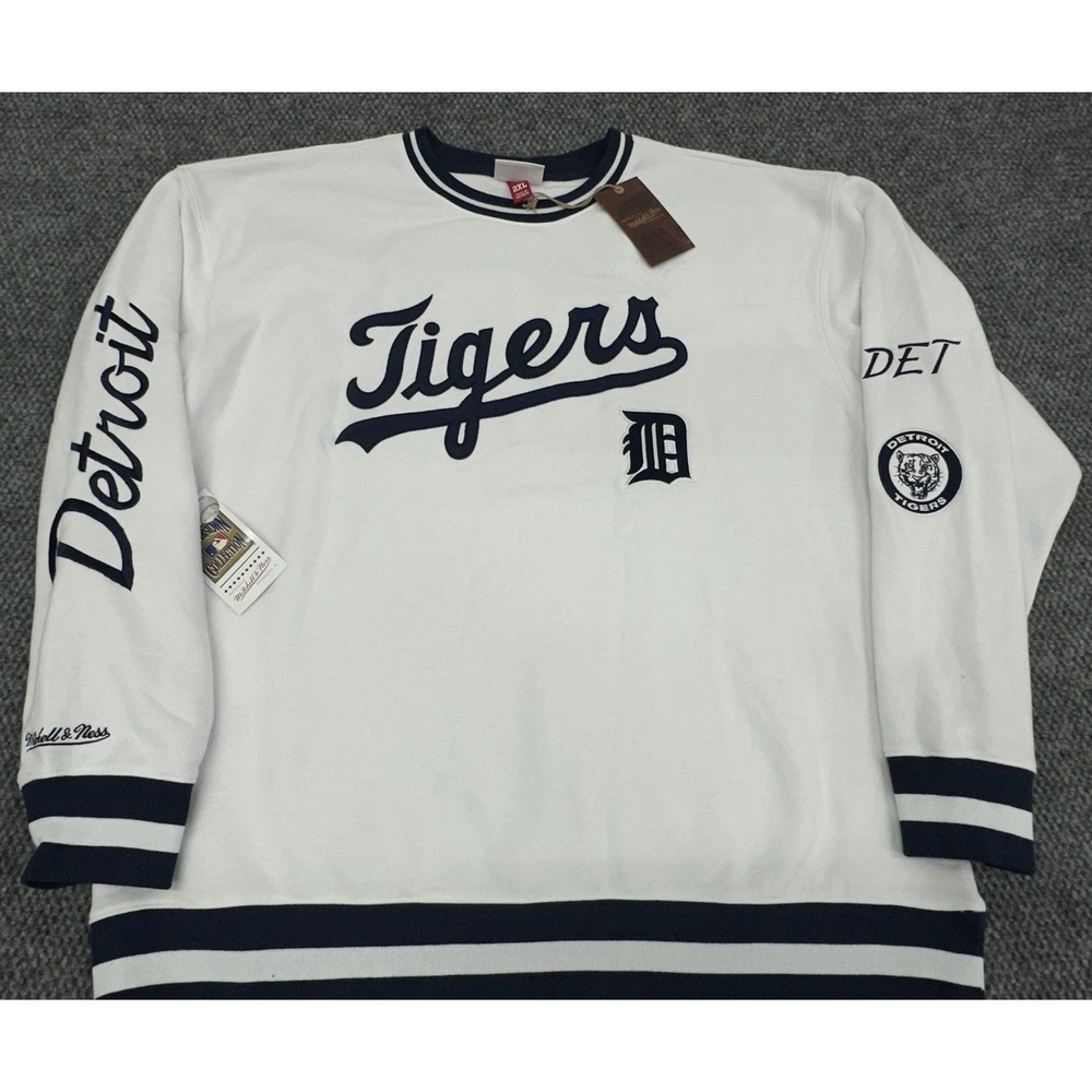 Detroit Tigers Men's 2XL Mitchell & Ness White Fully Embroidered Sweatshirt -New
